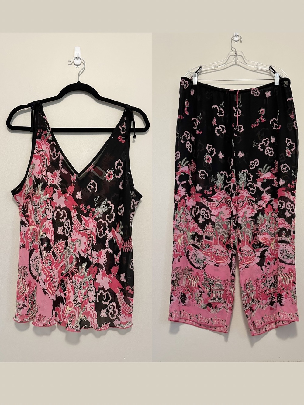 Josie Natori Y2K Pink Black Sheer Mesh Pajama Lounge Set XL Vintage 90s Luxury